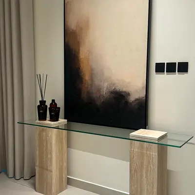 Glass Top Console Table with travertine Stone Pillar Legs - Modern Entryway Table