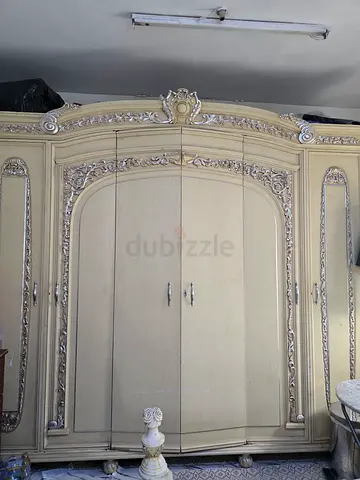 Large Ornate Wooden Wardrobe / Armoire – Cream with Carved Details