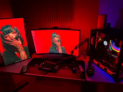 Gaming PC Setup with Dual Monitors and RGB Tower