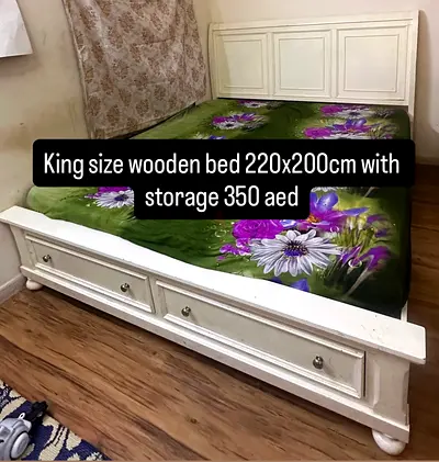King size wooden storage bed 220x200cm - white wardrobe and dressing table