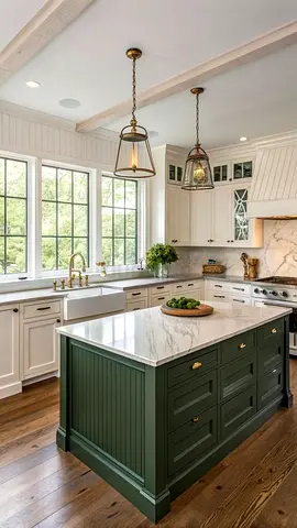 Solid Green Kitchen Island with Marble Top - Classic Style