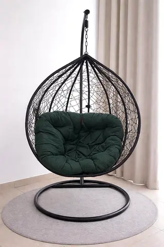 Black Egg Hanging Swing Chair with Green Cushion — Free-standing