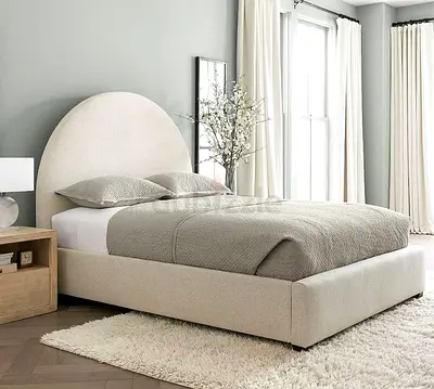 Beige Upholstered Double Bed with Rounded Headboard - Modern Design