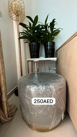 Round Ottoman Pouf — Grey Upholstered, Brand New (Wrapped) — 250 AED