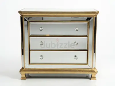 Elegant Mirrored 3-Drawer Chest – Stunning Gold Trim Vanity/Storage Piece!