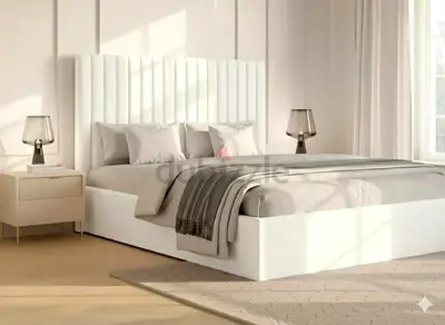 Brand New White Upholstered Bed King Size Frame with Tall Padded Headboard - King/Queen