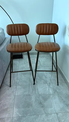 Set of 2 Brown Leather Bar Stools with Metal Frame