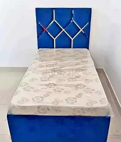 Single Bed with Mattress - Blue Upholstered Headboard