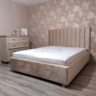 Beige Upholstered Bed with Headboard