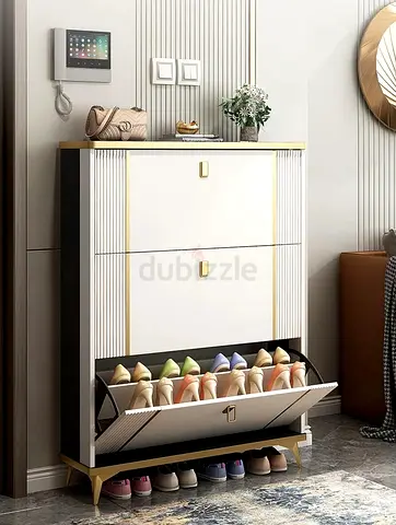 Modern Tier Shoe Cabinet with Gold Accents