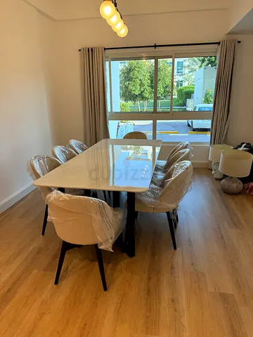 8-Seater Modern Marble top Dining Table (Black legs) with 8 dining Chairs (Good condition)