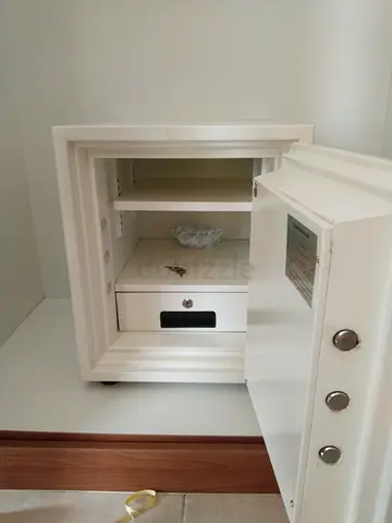 Small White Home Safe with Key and Inner Drawer