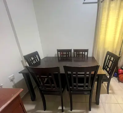 Solid Wood 6-Seater Dining Table with Chairs - Dark Brown