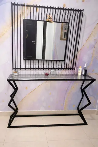 Black Metal Console Table with Decorative Mirror - Modern Entryway Set