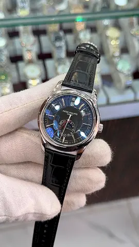 Patek Philippe-style mens dress watch with black leather strap