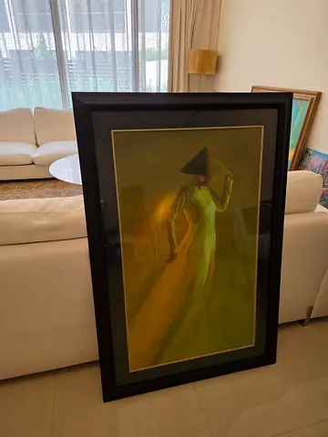 Large Framed Vietnamese Woman Portrait Painting in Green Dress