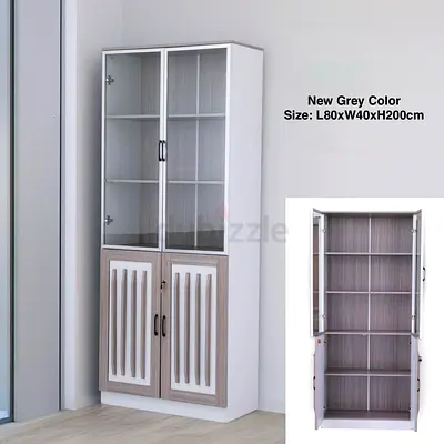 Modern Bookshelf Cabinet with Glass Doors – Wooden Storage Organizer UAE
