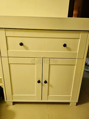 White wooden baby changing table cabinet with drawer and cupboard - good condition. Original from ho