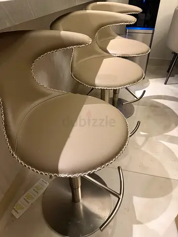 Set of 3  modern taupe beige bar stools with brushed steel base