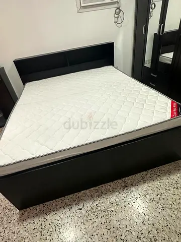Double Bed Frame with Built-in Headboard Shelves (Dark Wood)