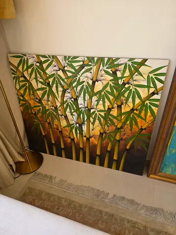 Large Bamboo Wall Art Canvas - Green  Gold Panel Painting