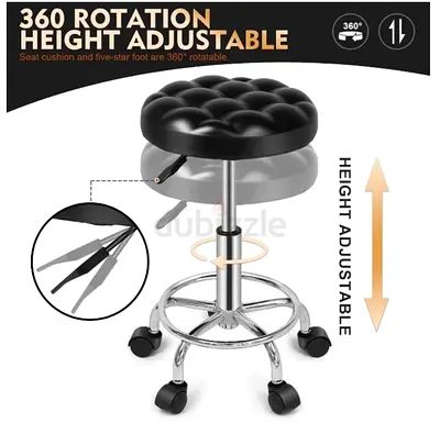 Height-Adjustable Swivel Stool with Wheels — Black Tufted Seat