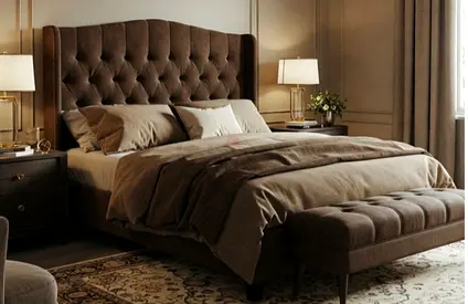 Queen tufted upholstered bed with matching bench - brown velvet