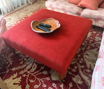 Large Red Upholstered Ottoman / Coffee Table (Solid Wood Legs)