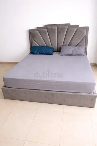 Grey Velvet Double Bed with Upholstered Headboard