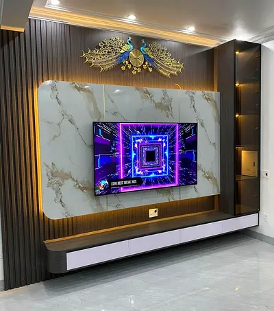Luxury Wall-mounted Entertainment Unit with Marble Panel  LED Lighting