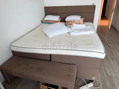 King-size fabric bed frame with mattress and storage base - used