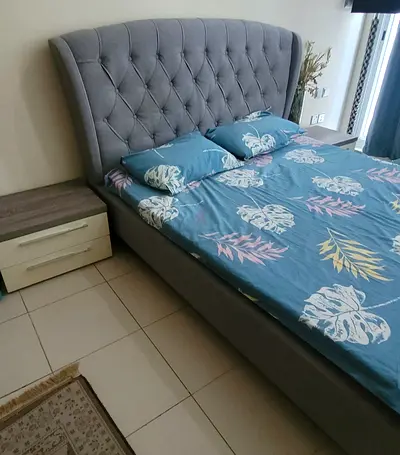 Pan Homes Grey Upholstered King Bed with Tufted Headboard and Side Tables