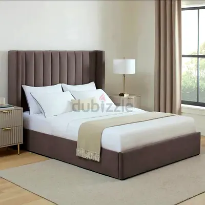 Brand New Upholstered Kimg Size  Bed with Mattress Tall Padded Headboard — brown