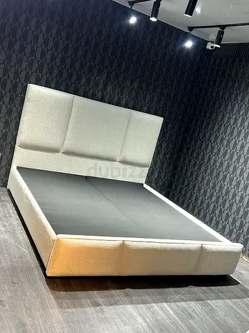 Beige Upholstered King Size Bed Frame with Padded Headboard