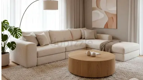 Modern L-shaped Cream Sectional Sofa - 4-Seater Corner Sofa with Ottoman