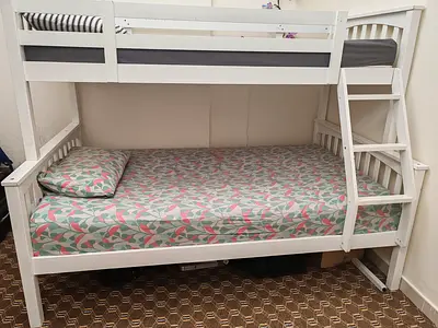 White Wooden Bunk Bed with Side Stairs — Good Condition