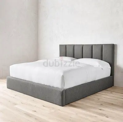Grey Upholstered Double Bed with Padded Headboard - Good Condition