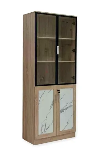 Tall Wooden Display Cabinet with Glass Doors and Marble-Effect Bottom