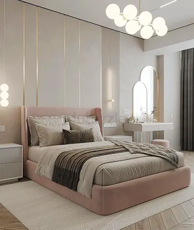 Modern upholstered king bed with low-profile frame — neutral blush fabric