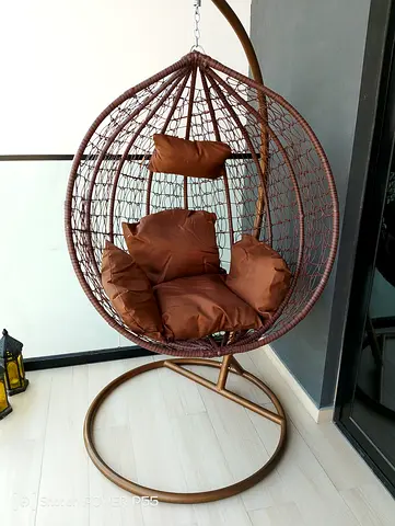 Brown Rattan Egg Hanging Chair with Stand and Cushions