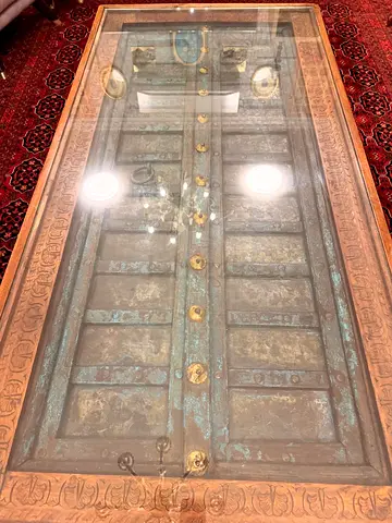 Antique-Style Carved Wooden Door Coffee Table with Glass Top size