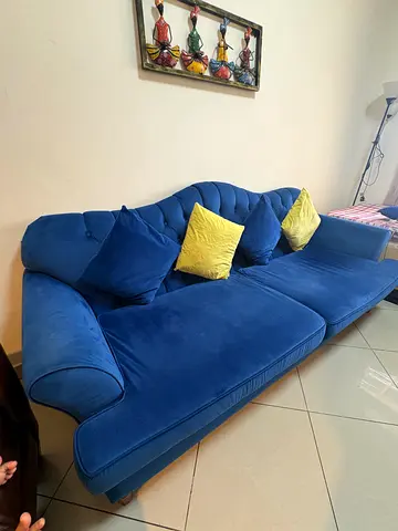 Blue Velvet 3-Seater Sofa with Cushions - Good Condition