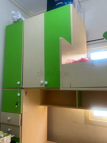 Used Kids Wardrobe with Desk - Green  Light Wood