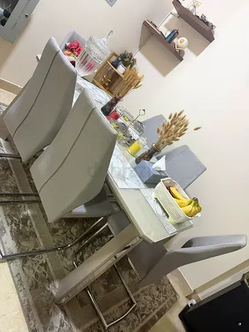 Modern Glass Dining Table with 6 Grey Chairs