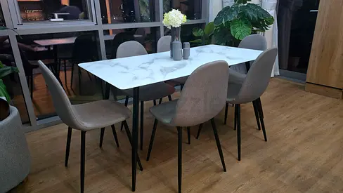 Modern 6-Seater Glass Marble-Top Dining Table with Upholstered Chairs