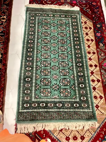 Light Green Bokhara-Style Runner Rug with Fringe - Good Used Condition