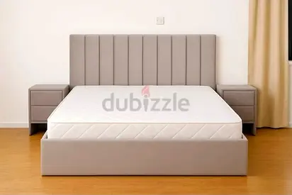 Brand New King Size upholstered bed frame with mattress and 2 matching nightstands - light grey