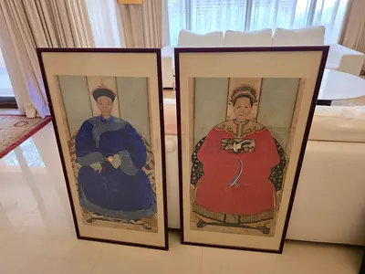 Pair of Framed Antique-Style Chinese Portrait Prints (Emperor  Empress)