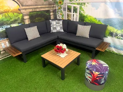 outdoor 6 seater  Aluminum and wooden L shaped sofa set available in excellent condition