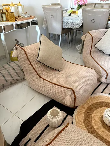 Handmade Crochet Floor Lounger Bean Bag with Tassels - Beige Original price is AED 6000